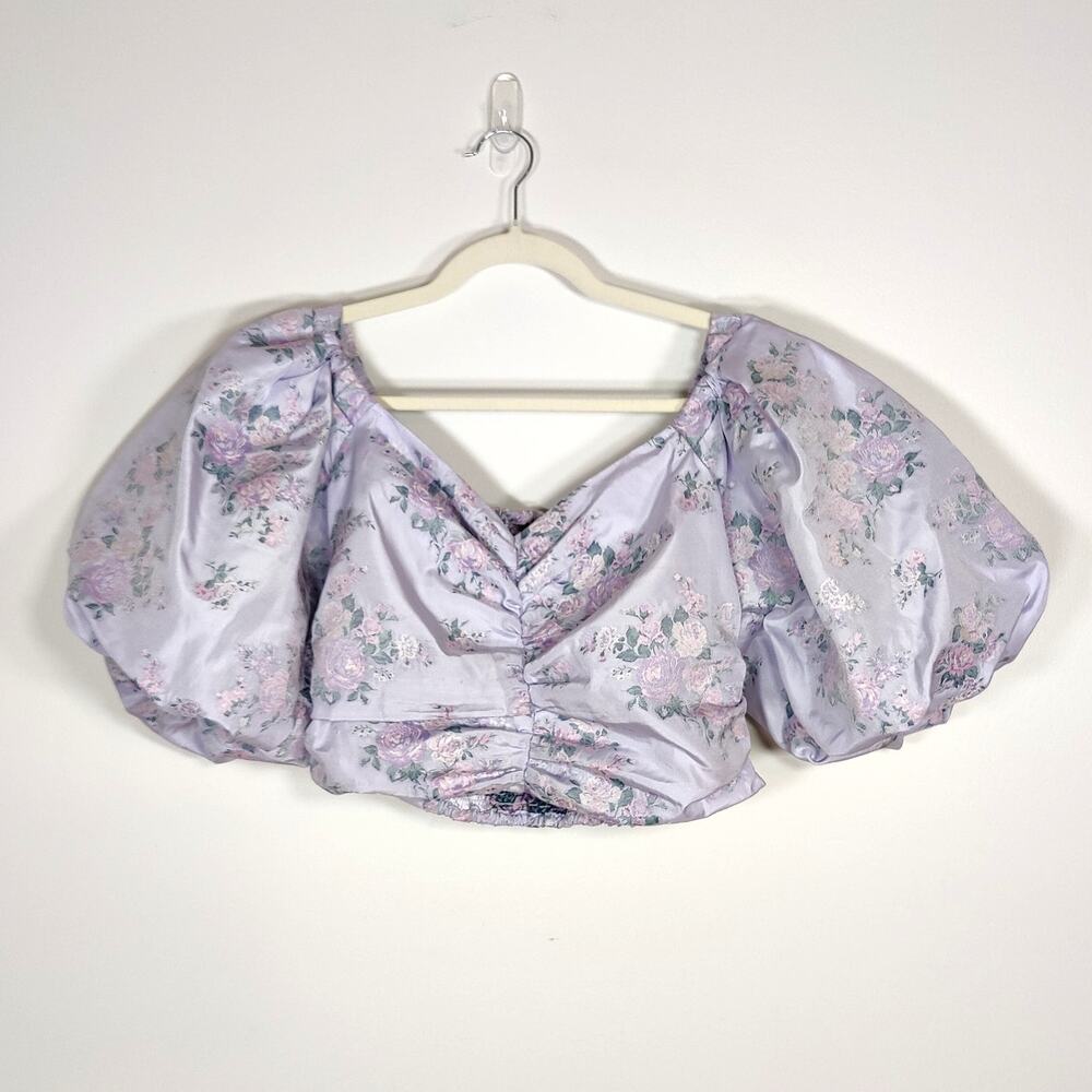 Express Floral Puff Sleeve‎ Taffeta Crop Top Lavender Ruched Medium NWT